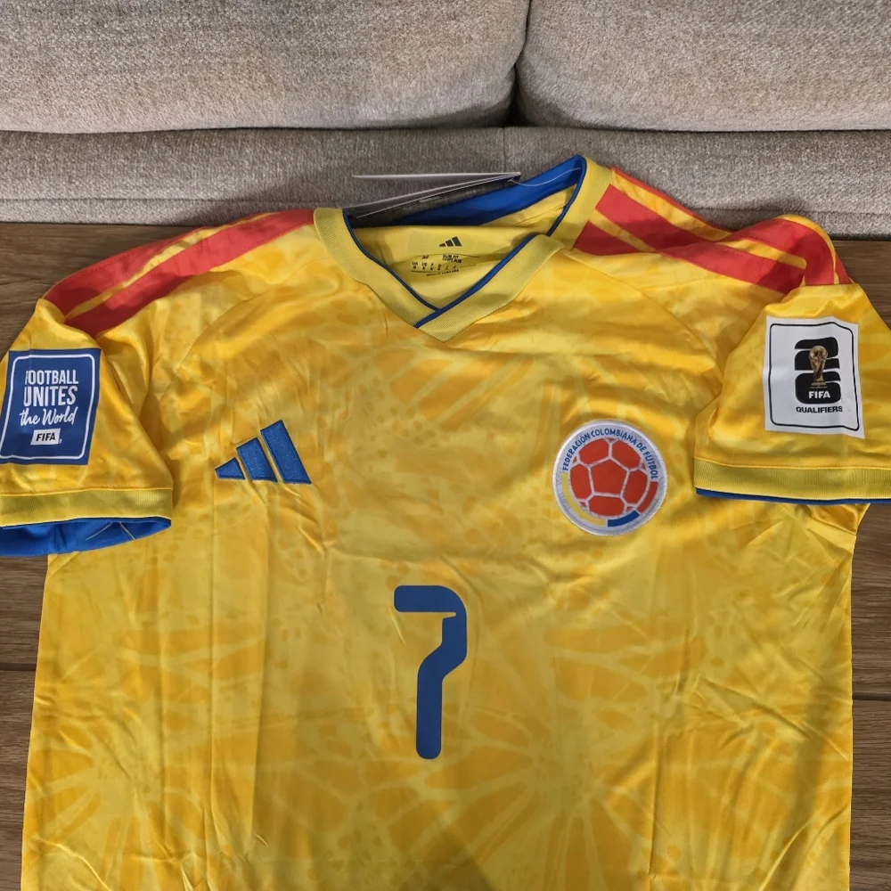 adidas Yellow Colombia Soccer Jersey with Blue and Red Accents - Picture 1 of 3